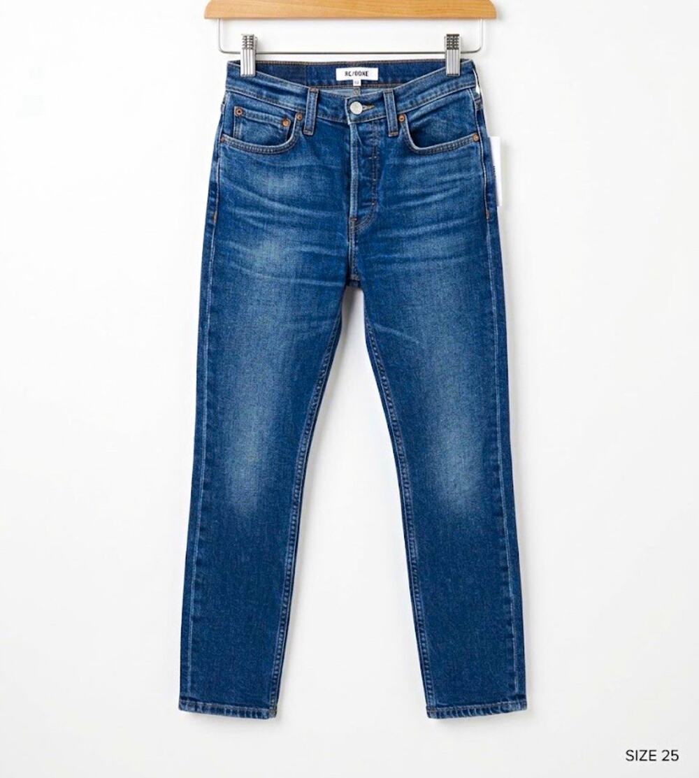 RE/DONE Originals High Rise Ankle Crop Jeans Size 25 Midnight Blue Stretch Denim